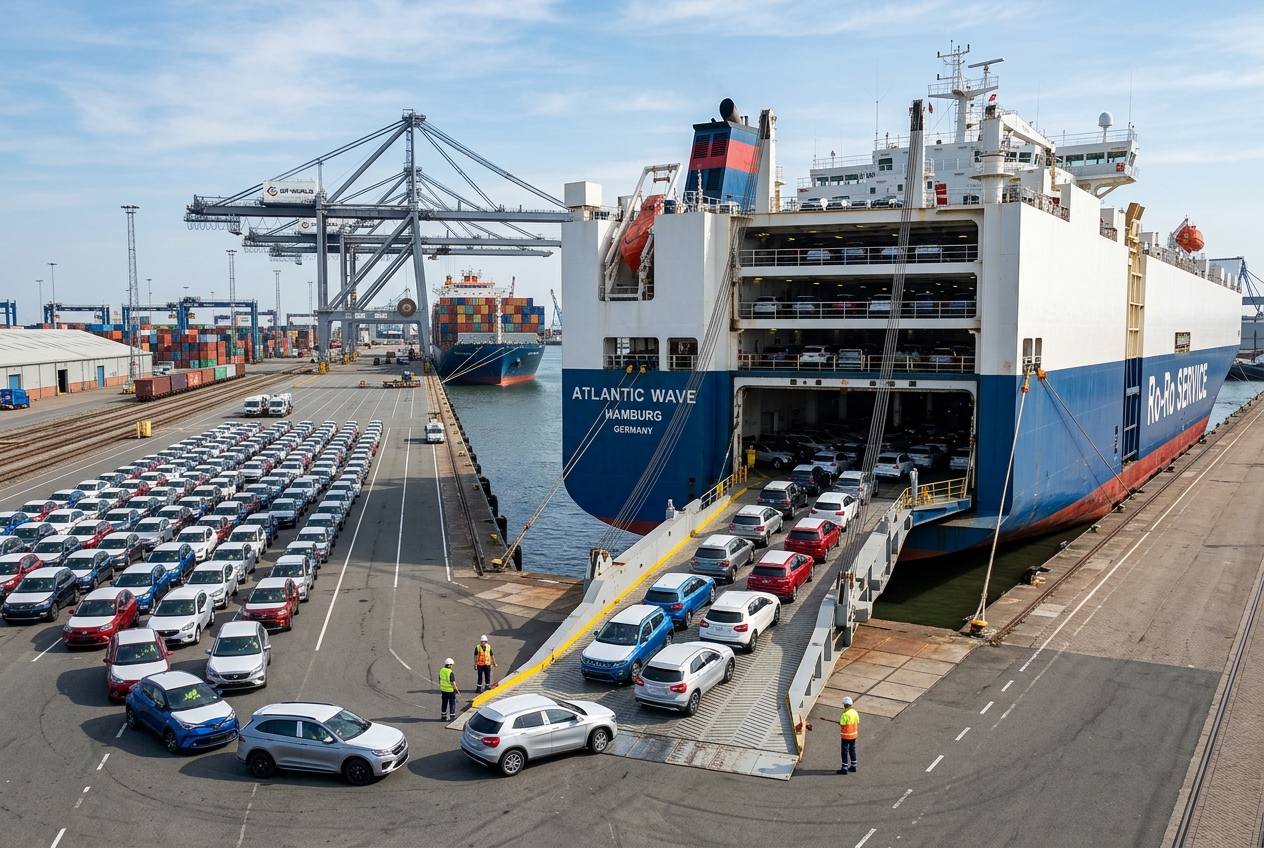 RoRo vehicle shipping - cars loaded on vessel ramp
