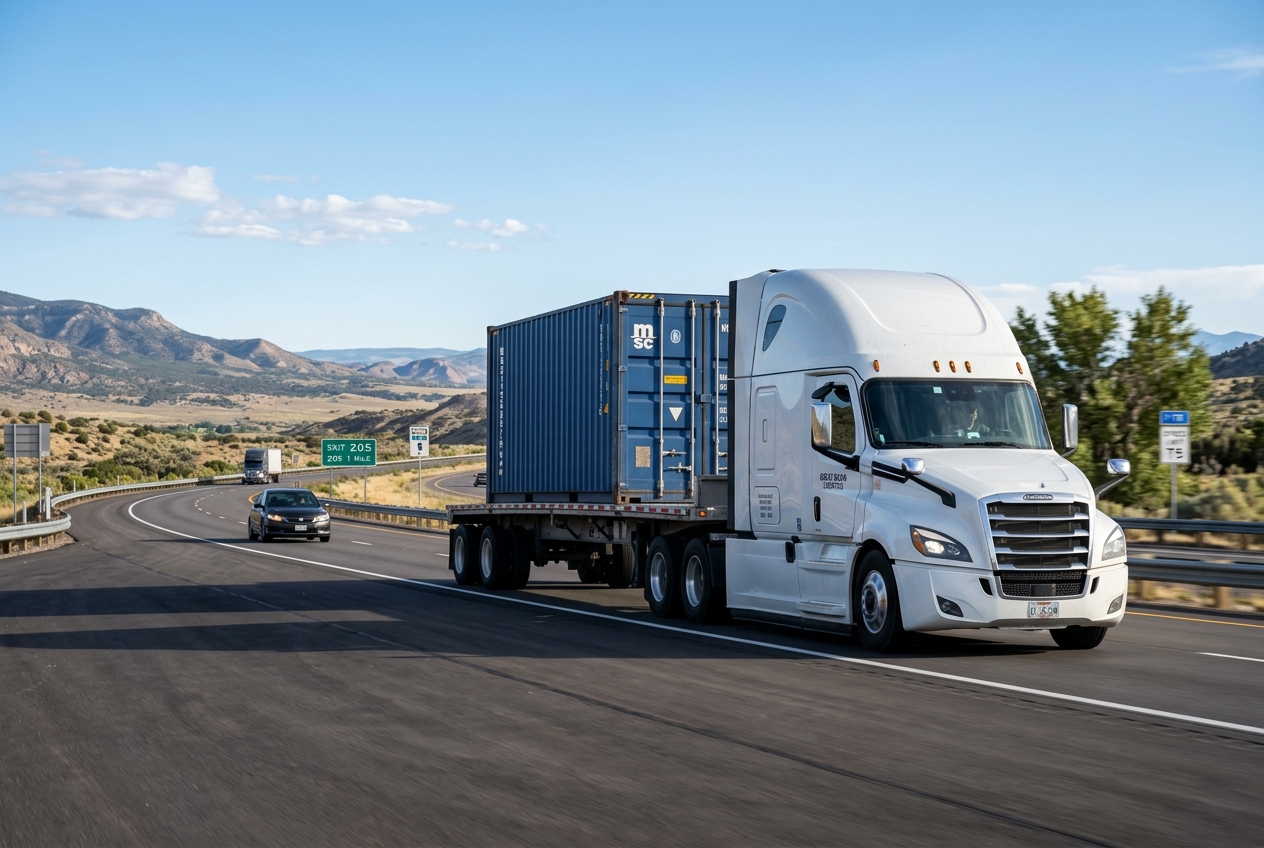 Container truck on highway for inland drayage